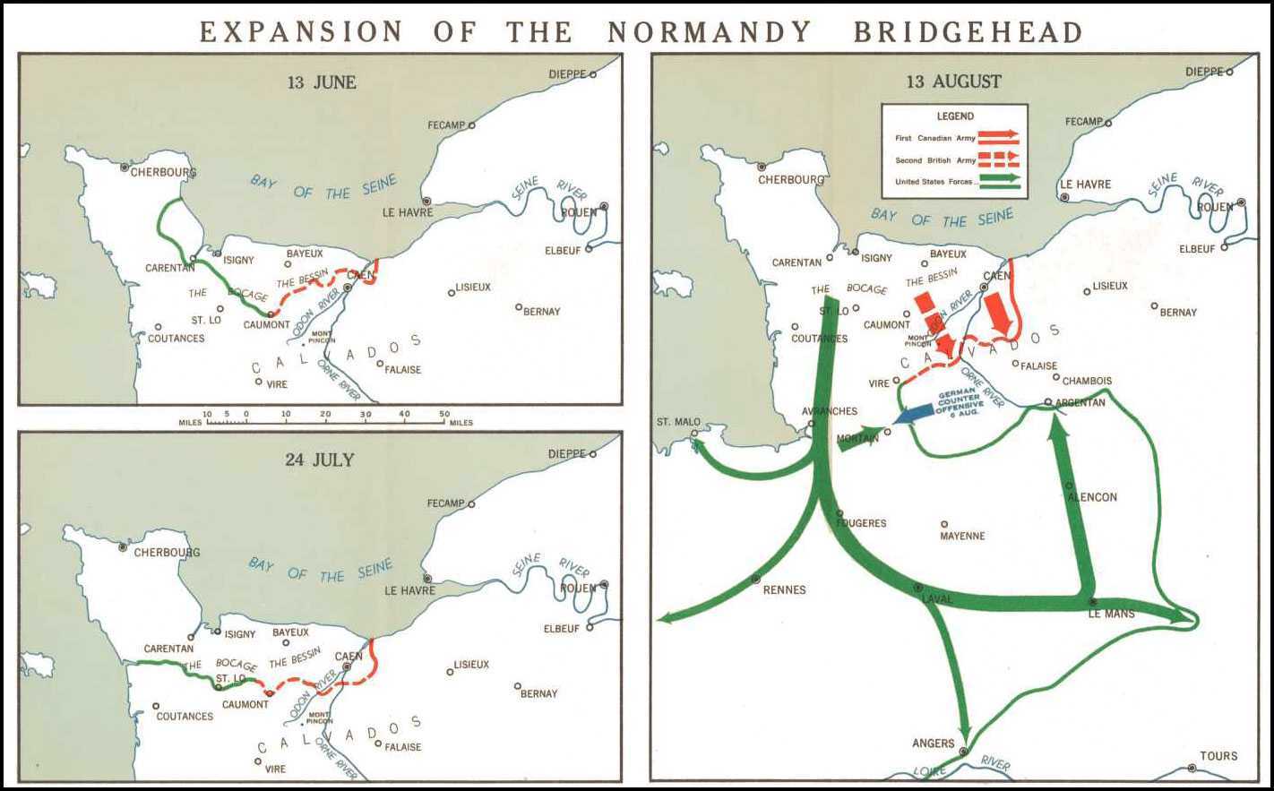Trois cartes en couleur illustrent les têtes de pont de la Normandie le 13 juin, le 24 juillet et le 13 août 1944.